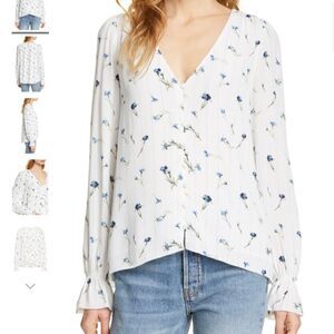 Joie Bolona White Satin Floral Long Sleeve Blouse Ruffle Trim Size Small